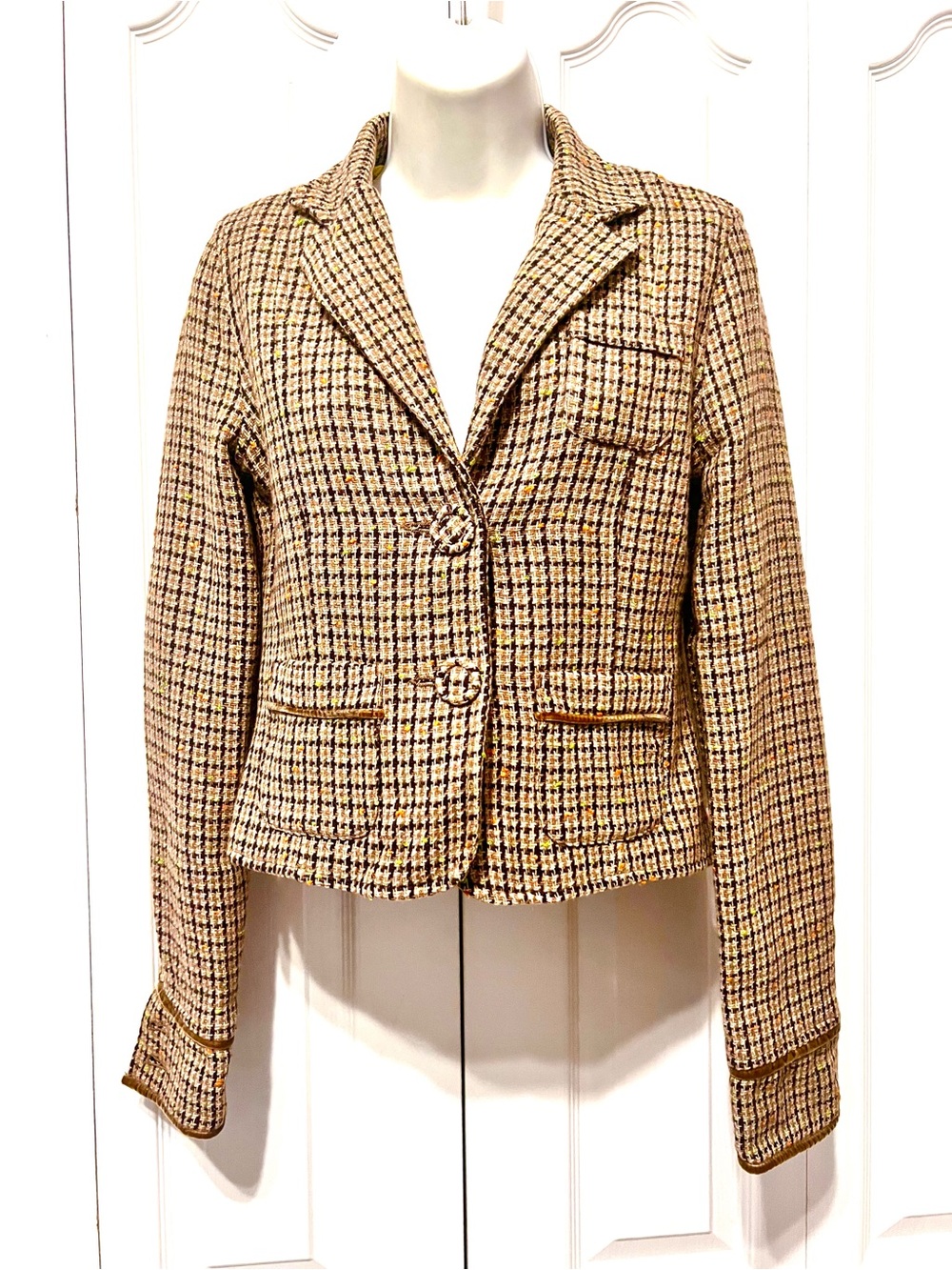 Hollister-Women's Med. Beige/Green/Orange Mix Tweed Blazer Jacket-Wool Mix-Crop